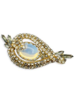 Vintage Rhinestone & Opalescent Glass Cabochon Brooch